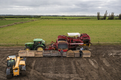 Aerial image of tractor and potato harvester